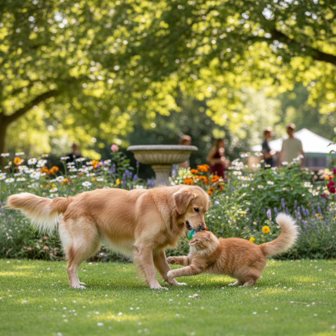 cane e gatto che giocano all'aperto